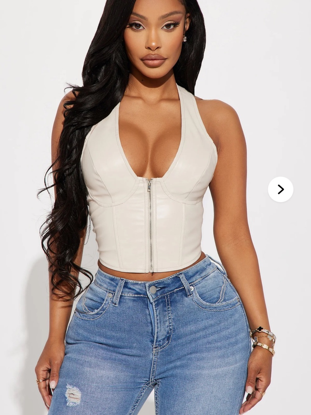 Fashion Nova Cream Faux Leather Zip-Front Halter Crop Top